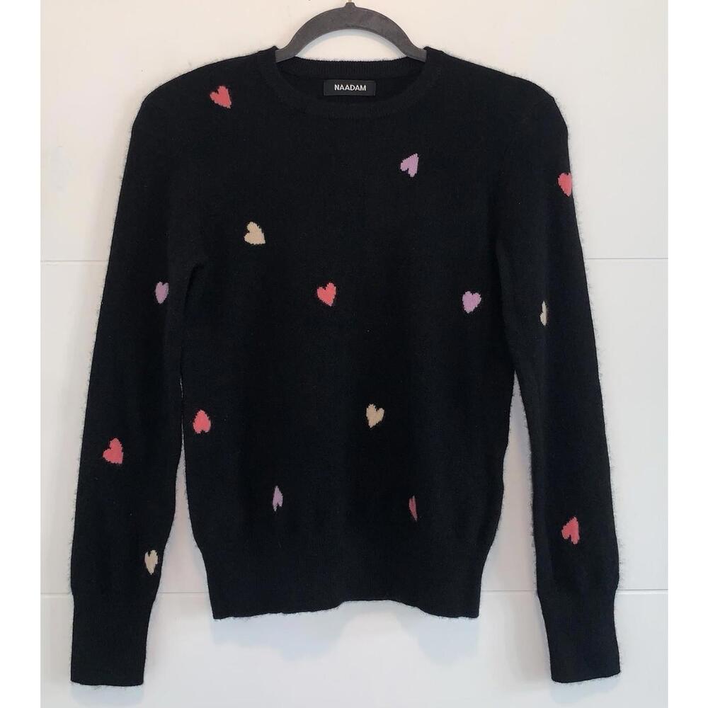 Naadam 100% Cashmere Hearts Black Multi  Sweater Crewneck Pullover Womens XXS